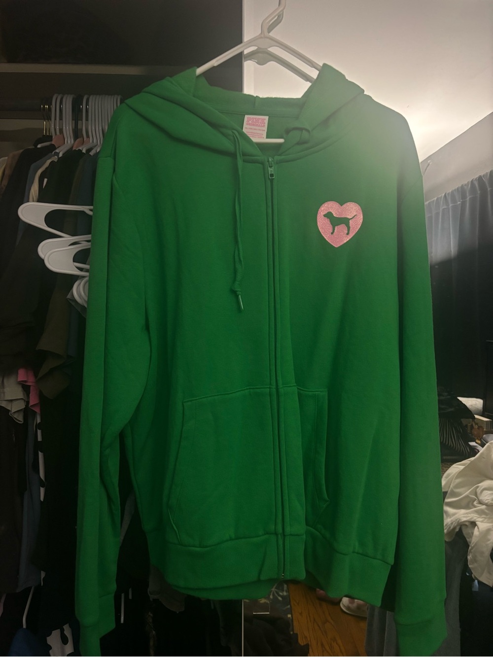 PINK Victoria's Secret Green Zip-Up Hoodie with Pink Heart Dog Patch